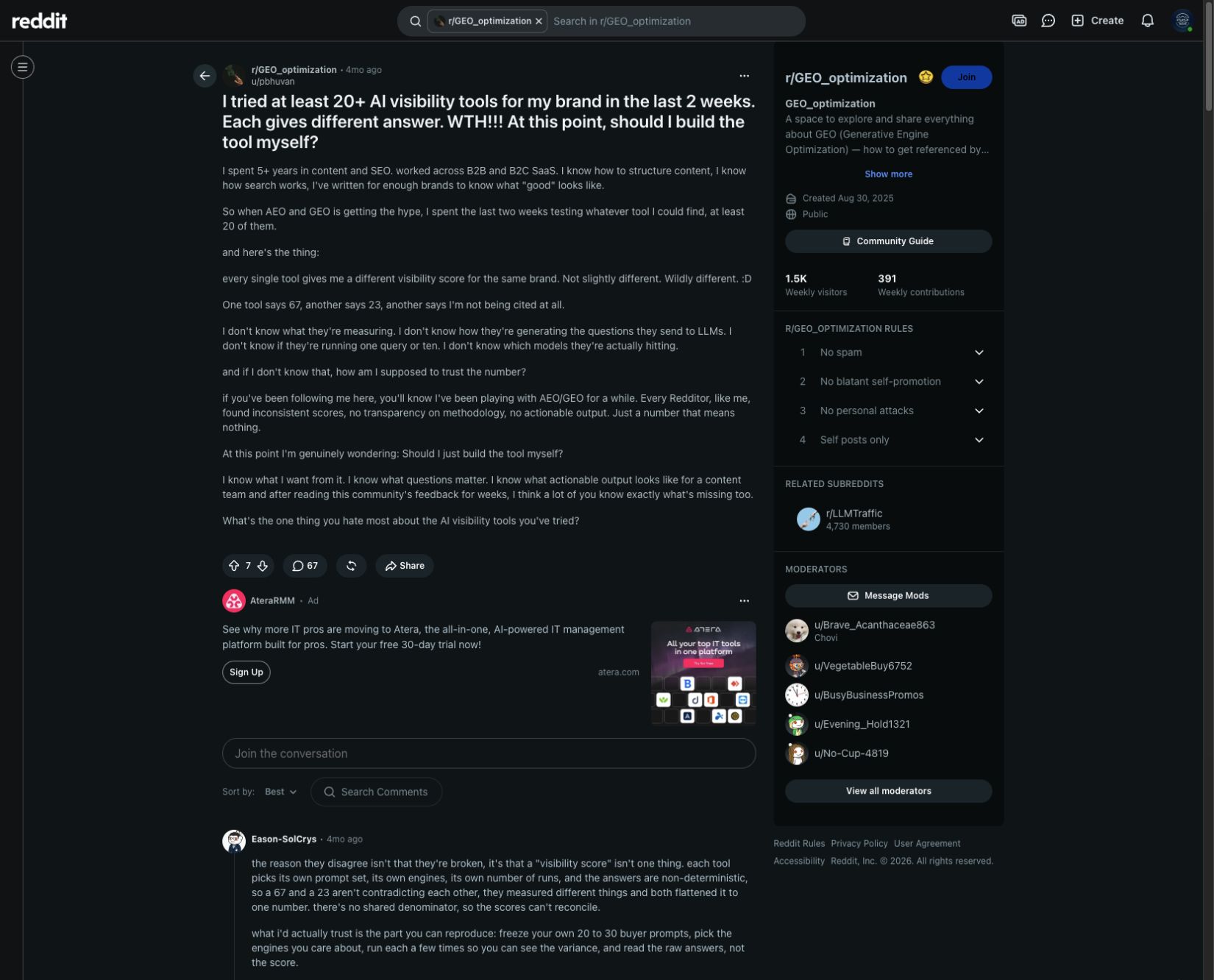 A Reddit thread about conflicting AI visibility scores. The screenshot shows the problem described by the author, not an independent comparison of service quality.
