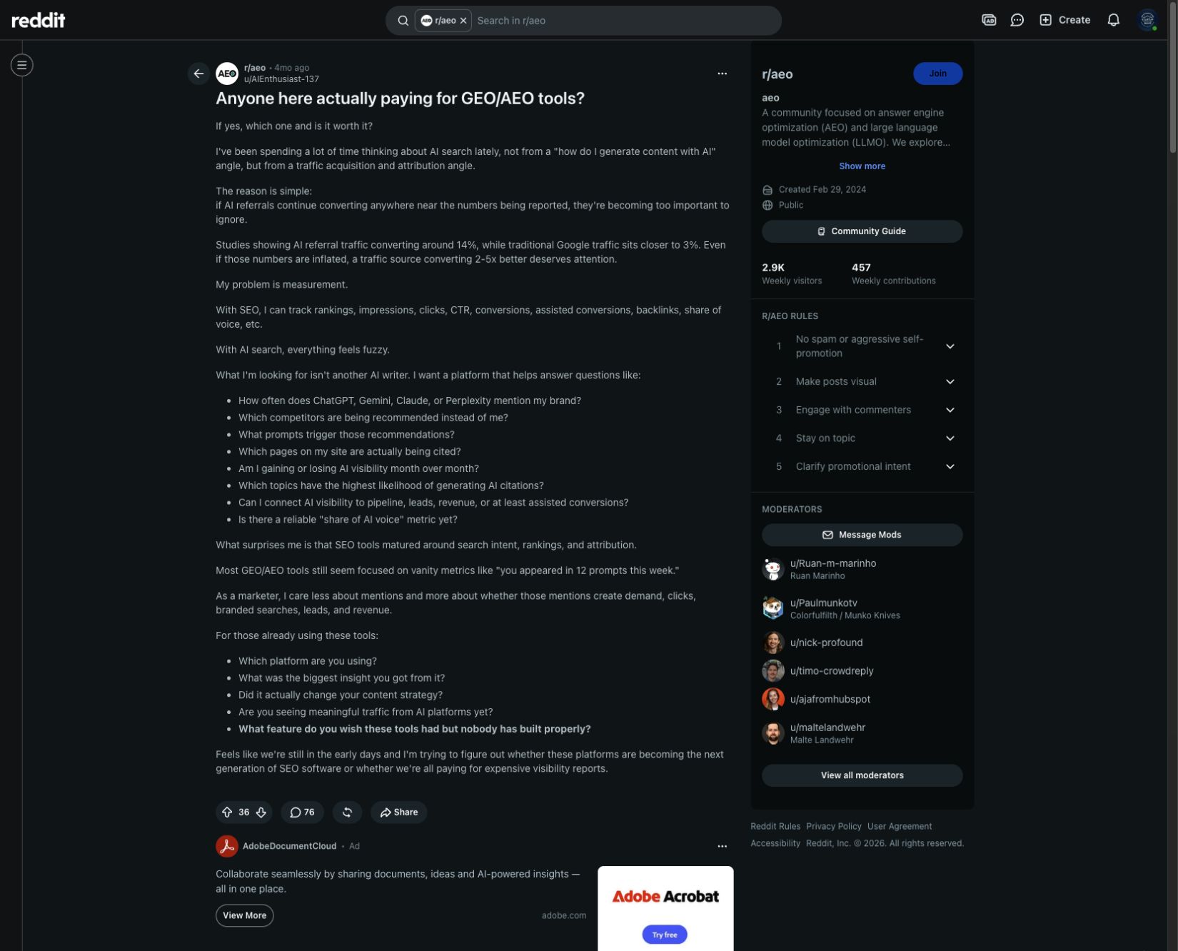 A public Reddit discussion: the author is interested in sources, referrals and their connection to sales. Screenshot from 20 October 2026.